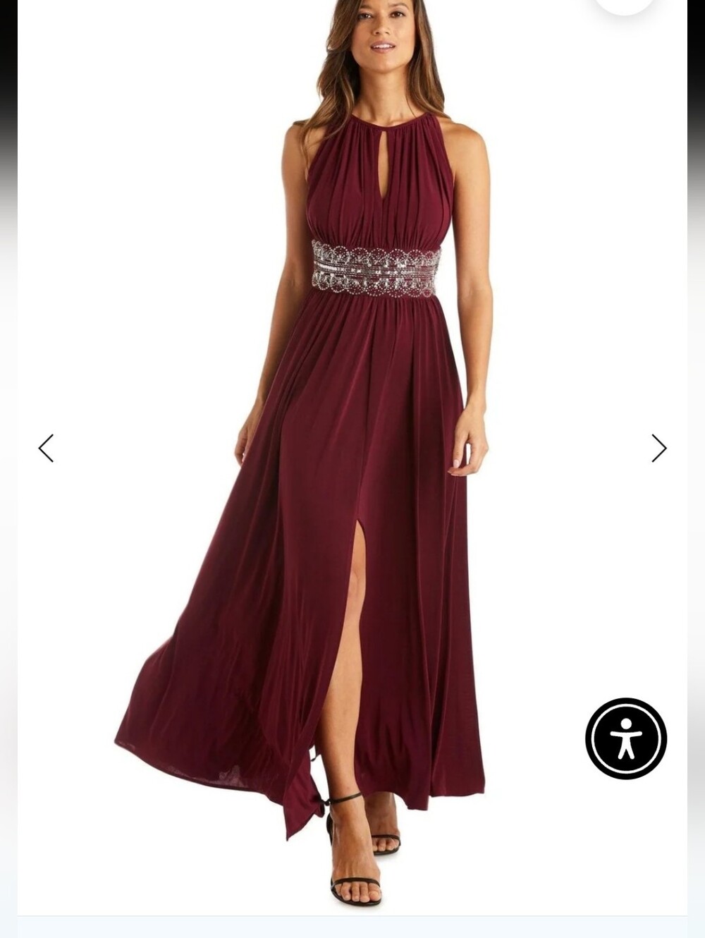 R&M Richards Burgundy Merlot Halter Long Evening  Gown Maxi Dress Beaded Waist
